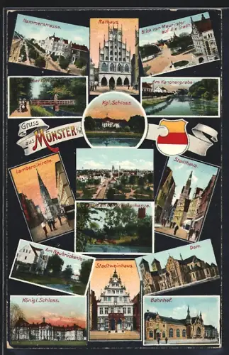 AK Münster i. W., Rathaus, Stadtweinhaus, Kgl. Schloss, Stadthaus, Dom