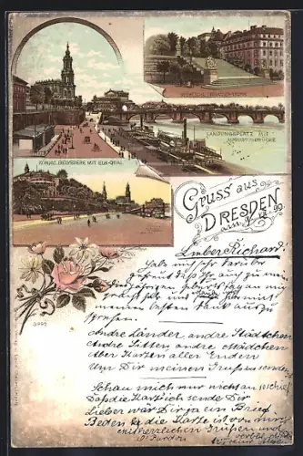 Lithographie Dresden, Brühlsche Terrassen-Treppe, Königl. Belvedere mit Elb-Quai