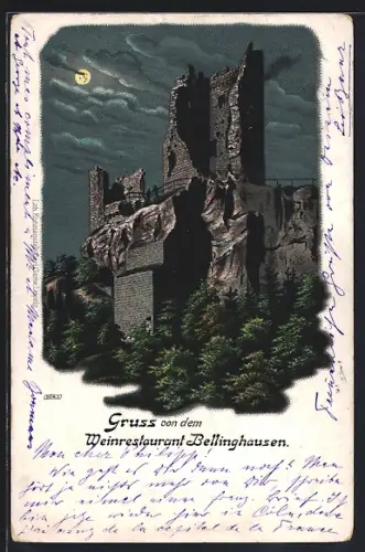 Lithographie Drachenfels, Burgruine bei Nacht