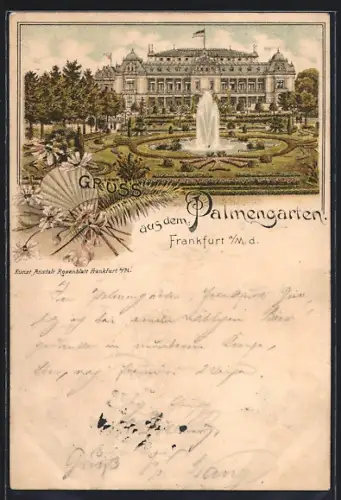 Lithographie Frankfurt-Westend, Palmengarten mit Springbrunnen