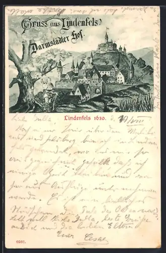 AK Lindenfels, Ortsansicht 1630, Hotel Darmstädter Hof