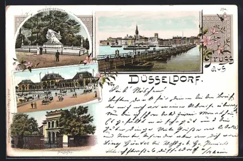 Lithographie Düsseldorf, Krieger-Denkmal, Bahnhof, Malkasten, Totalansicht mit Brücke