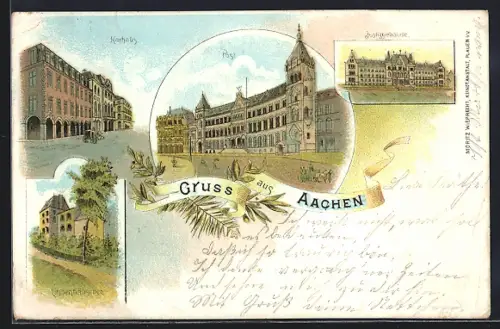 Lithographie Aachen, Kurhaus, Justizgebäude & Linzenhäuschen