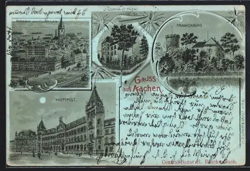 Mondschein-Lithographie Aachen, Hauptpost, Frankenburg, Ortsansicht