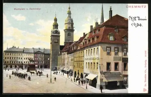 AK Chemnitz, Marktplatz mit Geschäften und Denkmälern