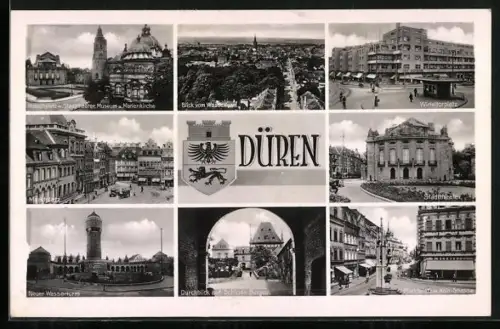 AK Düren, Martkplatz mit Geschäften, Schloss Burgau, Stadttheater