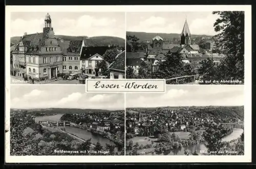 AK Essen-Werden, Rathaus, Abteikirche, Baldeneysee mit Villa Hügel, Blick von der Platte