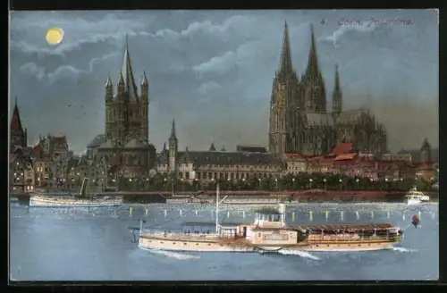 AK Köln, Panorama mit Dom und Dampfer Fürst Bismarck bei Mondschein