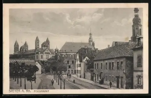 AK Speyer a. Rh., Strasse am Fischmarkt mit Schloss