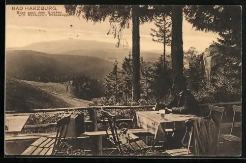 AK Bad Harzburg, Terrasse vom Restaurant Rabenklippe mit Blick zum Brocken