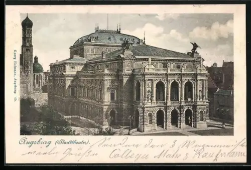 AK Augsburg, Stadttheater mit Umgebung aus der Vogelschau