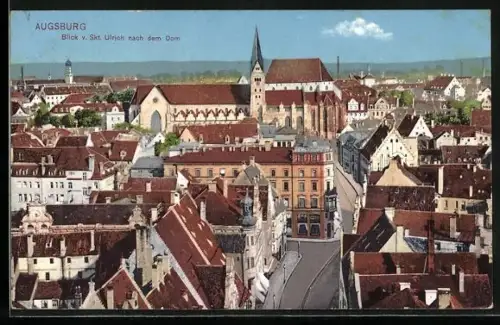 AK Augsburg, Blick über die Dächer der Stadt zum Dom