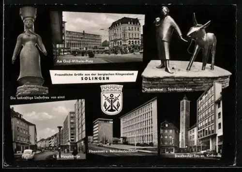 AK Solingen, Breidbacher Tor m. Kirche, Graf-Wilhelm-Platz, Hauptstrasse, Wappen