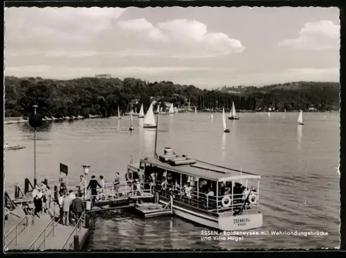 AK Essen, Baldeneysee mit Wehrlandungsbrücke u. Villa Hügel, Boot Isenberg