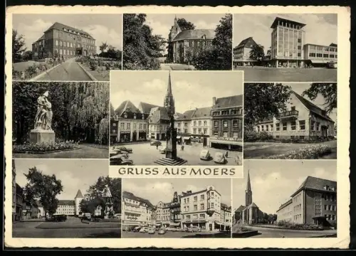 AK Moers, Marktplatz mit Denkmal, Gebäudeansichten