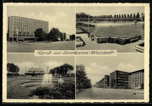 AK Leverkusen-Wiesdorf, Strassenpartie, Hochhaus, Springbrunnen-Anlage