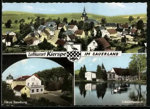 AK Kierspe /Sauerland, Haus Isenburg, Schnörrenbach, Ortsansicht, Wappen