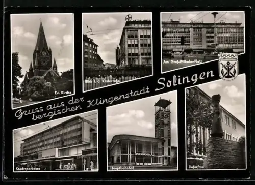 AK Solingen, Lieferfrau, Hauptbahnhof, Stadtsparkasse, Wappen