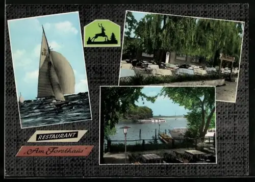 AK Berlin-Tegel, Gaststätte Am Forsthaus G. Hey mit Garten und Seeblick, Segelboot