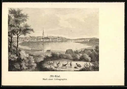 Künstler-AK Alt-Kiel, Uferpartie mit Kirche und Ziegen