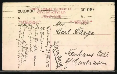 AK Colombo, Strassenpartie mit Kutschen und Fussverkehr