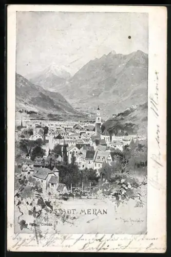 Künstler-AK Meran, Ortsansicht aus der Vogelschau