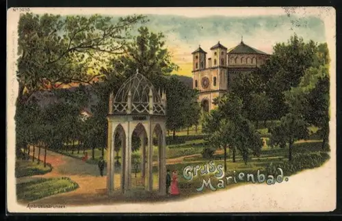 Lithographie Marienbad, Ambrosiusbrunnen mit Park