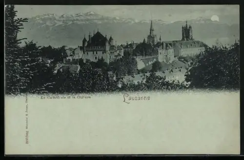 Mondschein-AK Lausanne, La Cathédrale et le Château