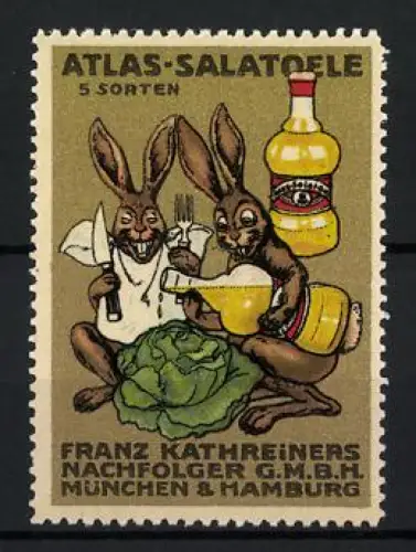 Reklamemarke München & Hamburg, Atlas-Salatoele, Hasen mit Salatflasche