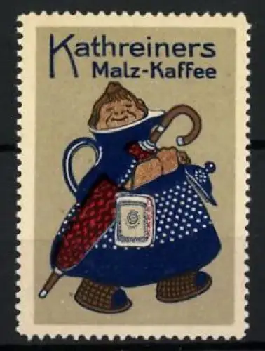 Reklamemarke Kathreiners Malz-Kaffee, vermenschlichte Kaffeekanne mit Schirm