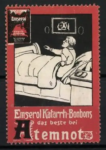 Reklamemarke Emserol Katarrh-Bonbons, Patient im Bett bei Atemnot