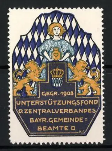 Reklamemarke Bayern, Unterstützungsfond Zenralverbandes Bayr. Gemeinde-Beamte, Gegr. 1908, Löwen und Wappen