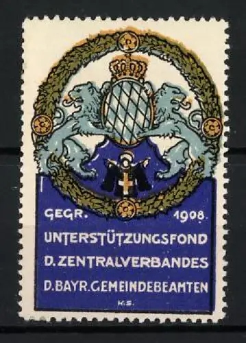 Reklamemarke Bayern, Unterstützungsfond des Zentralverbandes Bayr. Gemeindebeamten 1908, Bayerisches Wappen mit Löwen