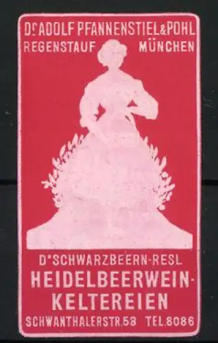Reklamemarke München, D`Schwarzbeern-Resl, Heidelbeerwein-Keltereien, Silhouette einer Frau