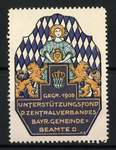 Reklamemarke Bayern, Unterstützungsfond des Zentralverbandes Bayr. Gemeindebeamte, Löwen und Engel, Gegr. 1908