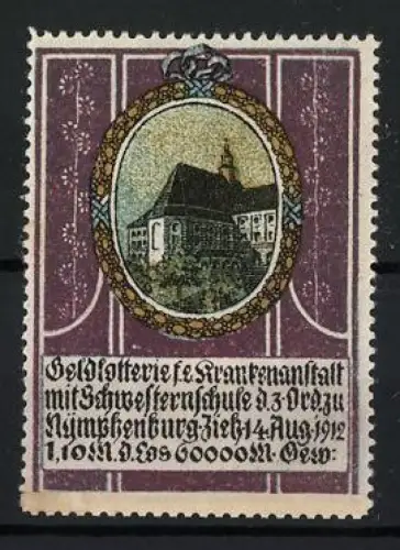 Reklamemarke Nymphenburg, Geldlotterie für eine Krankenanstalt mit Schwesternschule, Ziehung 1912, Gebäudeansicht