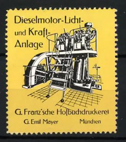Reklamemarke Münden, G. Franz'sche Hofbuchdruckerei, Dieselmotor-Licht- und Kraft-Anlage, Industriemaschine