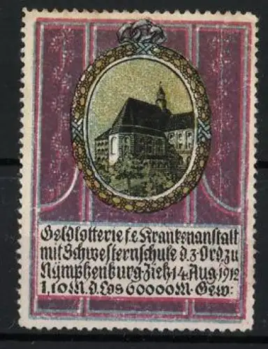 Reklamemarke Nymphenburg, Geldlotterie für eine Krankenanstalt mit Schwesternschule, Ziehung 1912, Gebäudeansicht