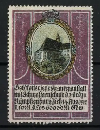 Reklamemarke Nymphenburg, Geldlotterie für eine Krankenanstalt mit Schwesternschule, Ziehung 1912, Gebäudeansicht