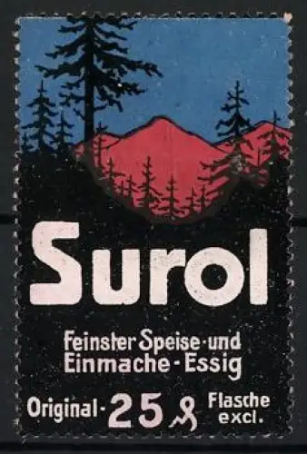 Reklamemarke Surol, Feinster Speise- und Einmache-Essig, Berglandschaft