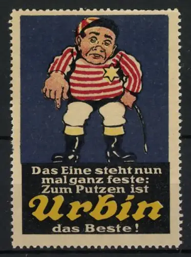 Reklamemarke Urbin Schuhputz, Putzmann mit gestreiftem Hemd