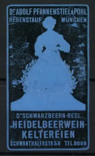 Reklamemarke Regensburg, D`Schwarzbeern-Resl Heidelbeerweinkeltereien, Frau in Tracht