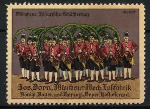 Reklamemarke München, Jos. Dorn, Historischer Schäfflertanz, Tänzergruppe mit Bögen