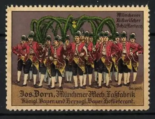 Reklamemarke München, Jos. Dorn, Fassfabrik, Historischer Schäfflertanz