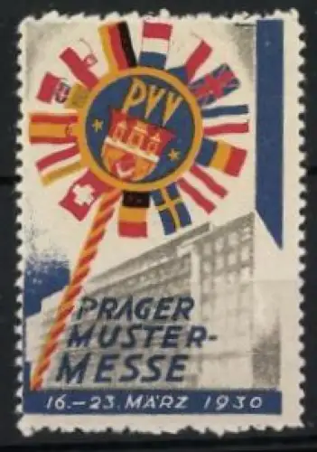 Reklamemarke Prag, Prager Mustermesse 1930, Flaggen und Gebäude