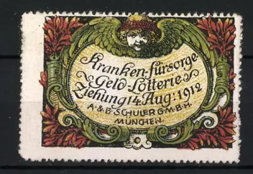 Reklamemarke München, Krankenfürsorge Geld-Lotterie Ziehung 1912, Engelskopf