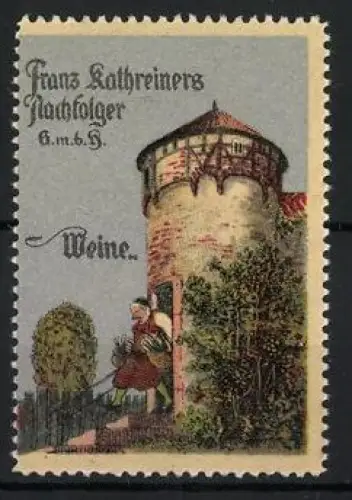 Reklamemarke Weie, Franz Kathreiners Nachfolger G.m.b.H., Turm mit Frau und Korb