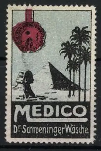 Reklamemarke Medico, Dr. Schmeninger Wäsche, Sphinx, Pyramiden und Palmen