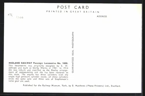 Foto-AK Englische Eisenbahn, Lokomotive No. 1000 der Midland Railway
