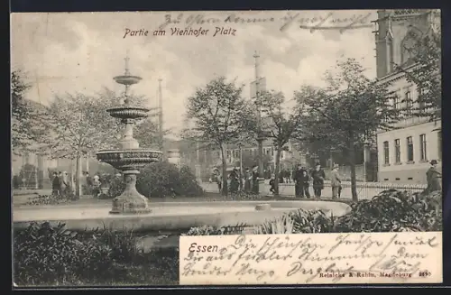 AK Essen / Ruhr, Viehhofer Platz, Partie mit Zierbrunnen und Strasse